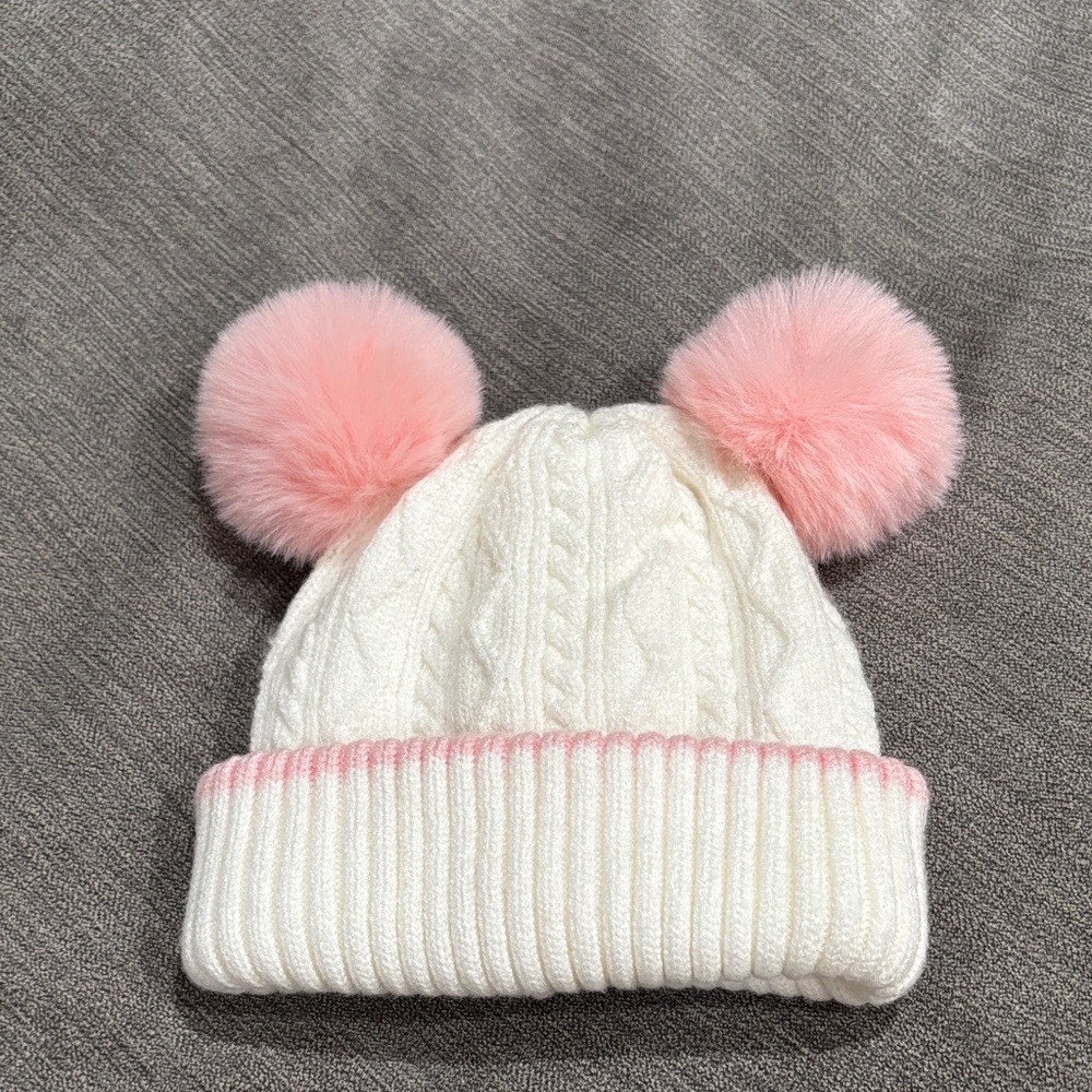 Charming White and Pink Pom-Pom Baby Girl’s Beanie age 2
